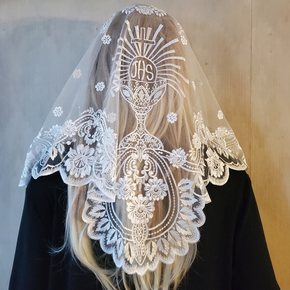 White Lace Mantilla Chapel Veil JHS Eucharist Chalice Catholic Adoration Worship